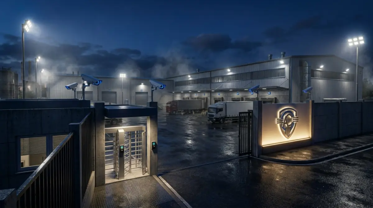 Proteção perimetral industrial com cerca elétrica e câmeras externas